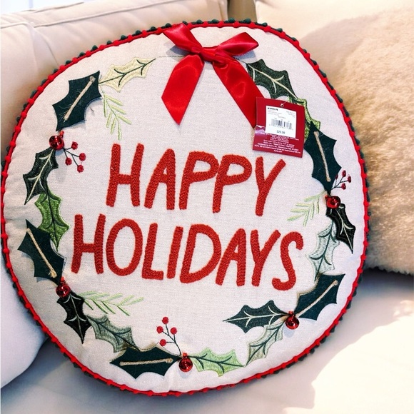 Round Happy Holiday Throw Pillow Linen St Nicholas Square® Red Bells Red Bow NWT - Picture 1 of 10